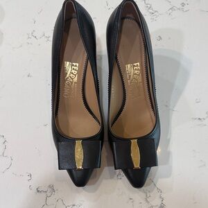 Worn once! Salvatore Ferragamo Black Heels with Gold Accent